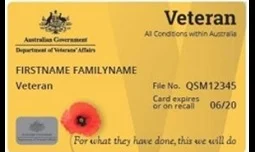 Sample of a Veteran Gold Card accepted by VicRoads, used for registration concessions for eligible veterans in Victoria. Australian Veteran card featuring a yellow background, poppy flower, and text detailing personal information and expiration date.